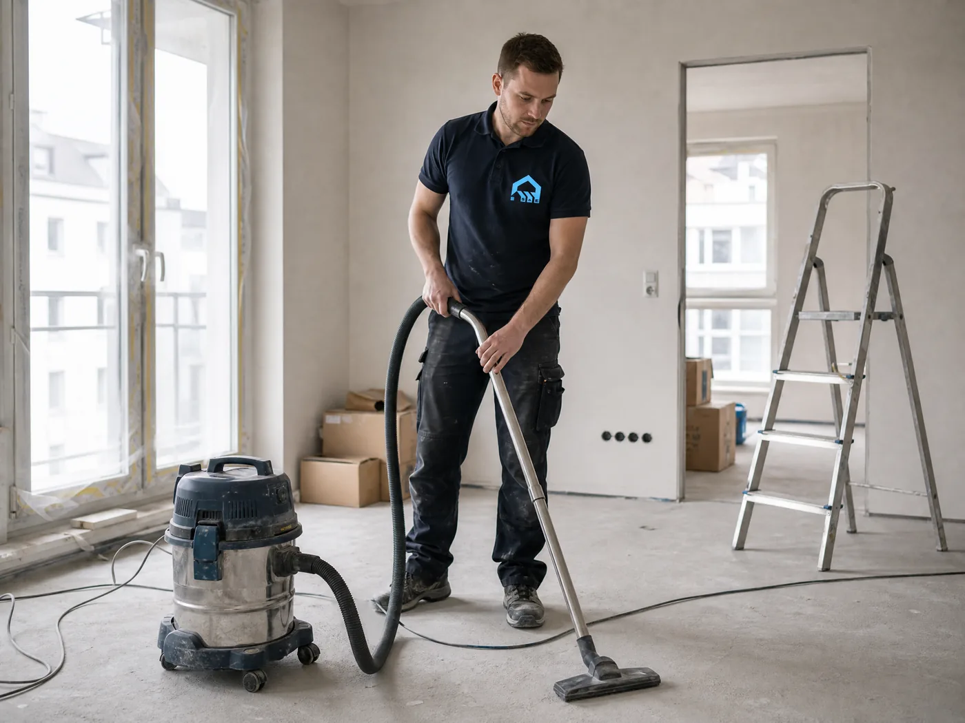 Mitarbeiter von S&E Gebäudereinigung saugt Baustaub in einer neu gebauten Wohnung in Dresden