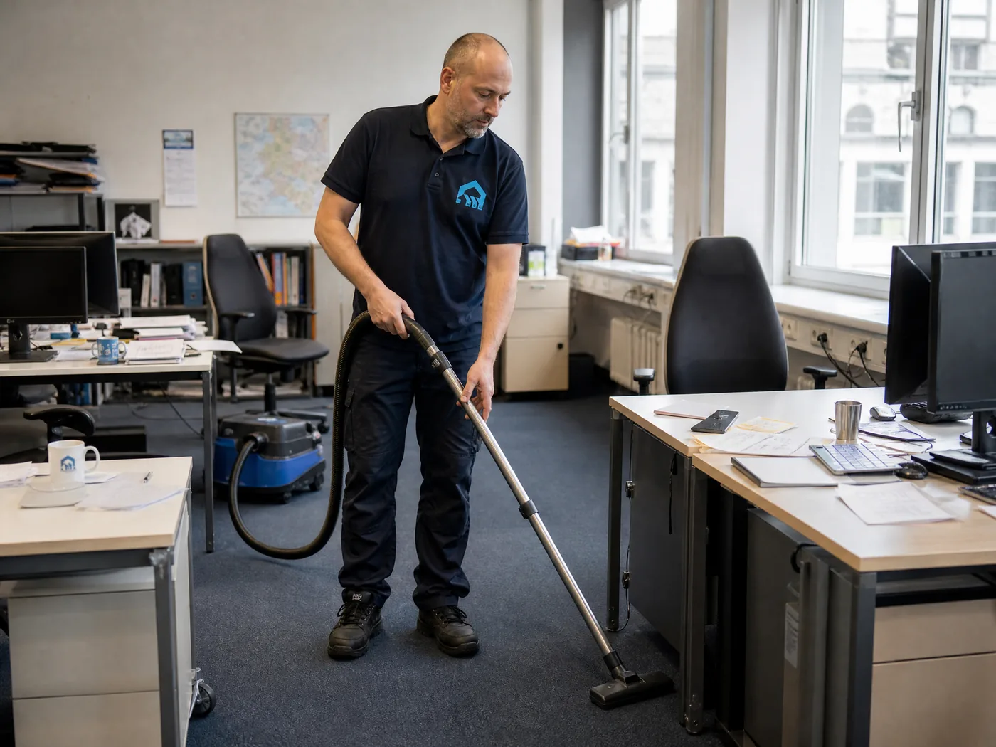 Mitarbeiter von S&E Gebäudereinigung saugt den Teppichboden in einem Dresdner Büro
