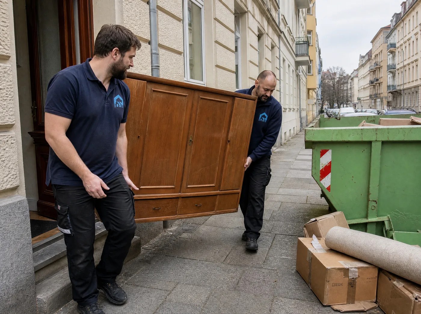 Zwei Mitarbeiter von S&E Gebäudereinigung tragen einen Schrank zum Container vor einem Dresdner Wohnhaus