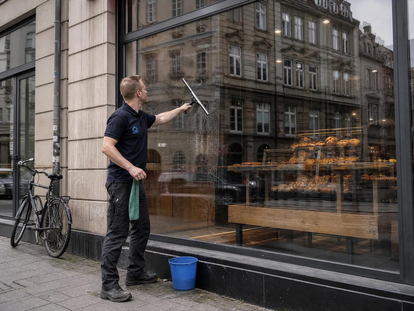 Fensterreiniger von S&E Gebäudereinigung reinigt das Schaufenster einer Bäckerei in Dresden