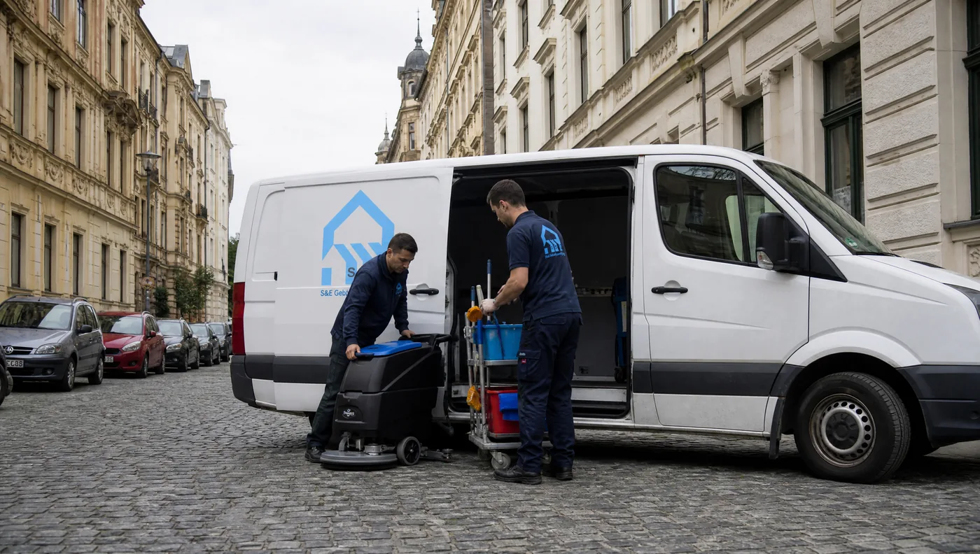 Team von S&E Gebäudereinigung lädt Reinigungsgeräte aus dem Firmenwagen vor einem Gründerzeithaus in Dresden
