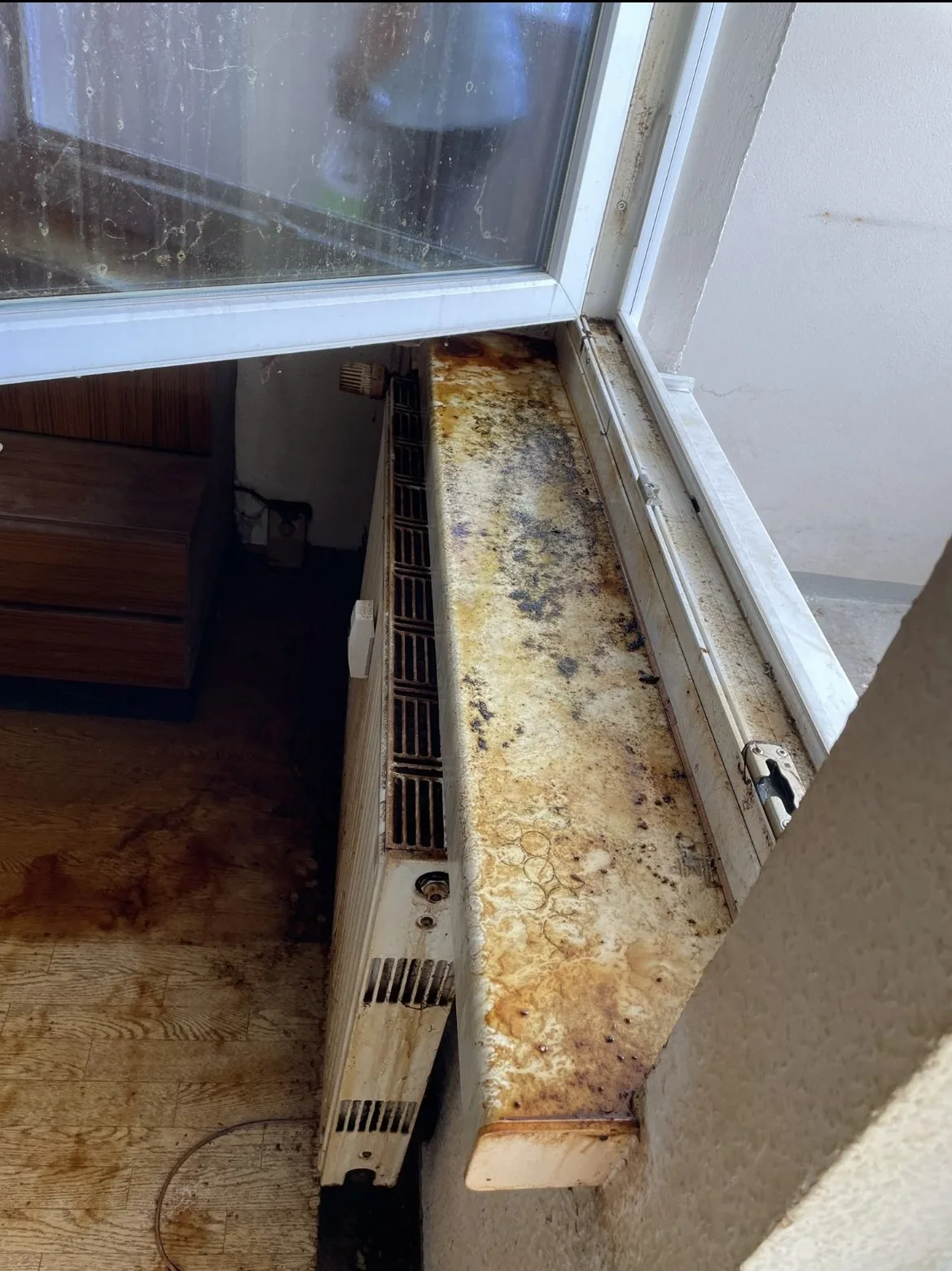 Vorher: verschmutzte Fensterbank und Heizkörper in einer Dresdner Wohnung