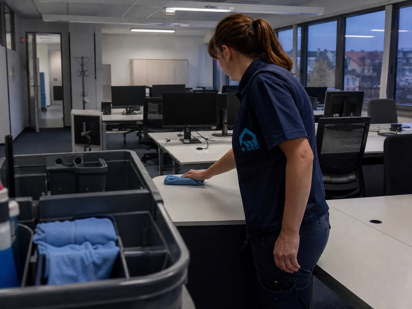 Reinigungskraft von S&E Gebäudereinigung wischt einen Schreibtisch in einem Dresdner Büro