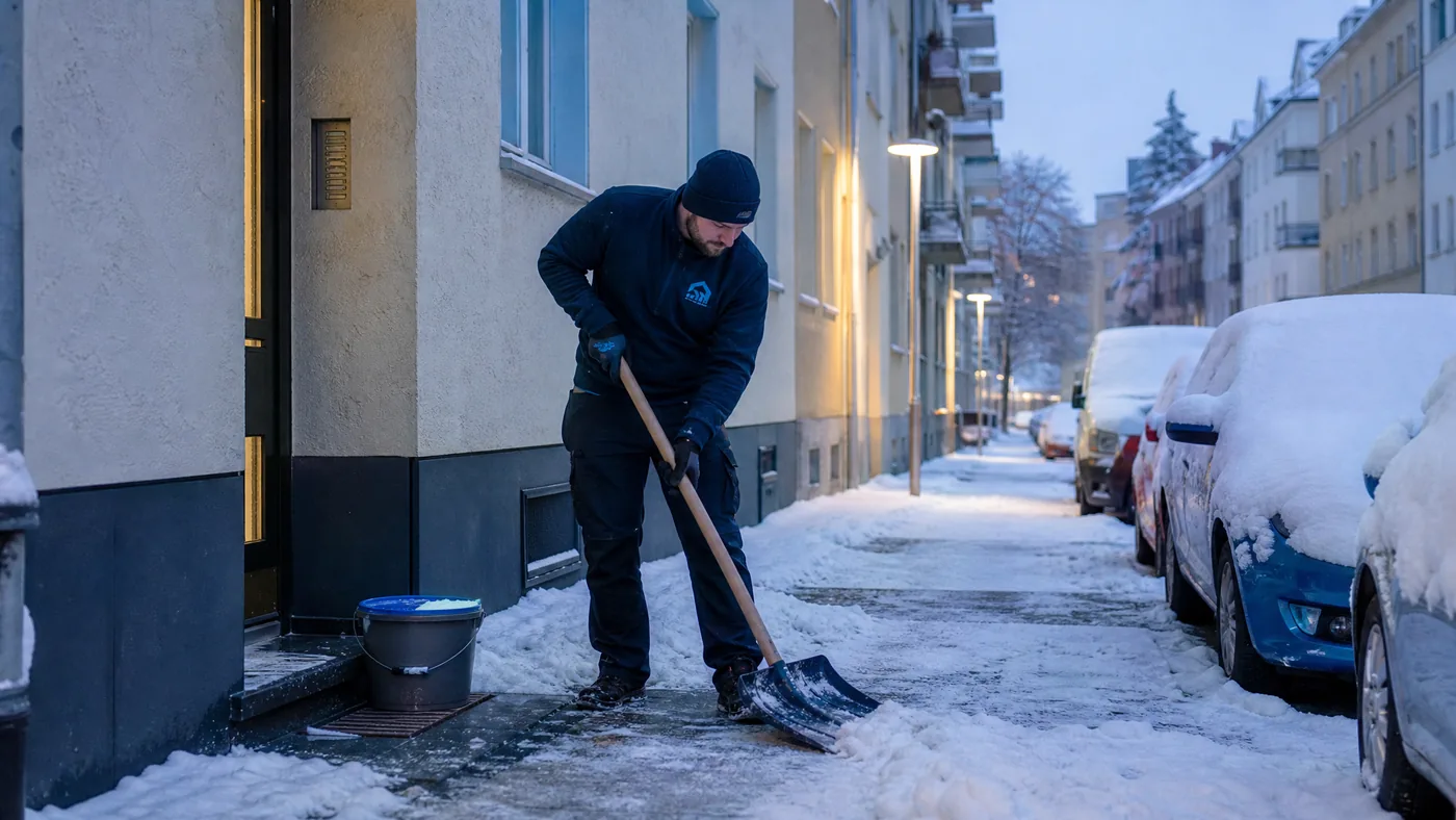 Mitarbeiter von S&E Gebäudereinigung räumt bei Dämmerung Schnee vor einem Wohnhaus in Dresden